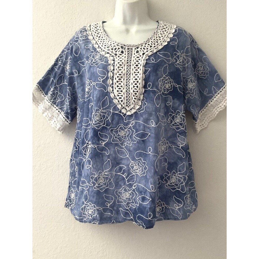 Lauren Michelle Cotton Boho Tie Dye Distressed Embroidered Crochet Top Large